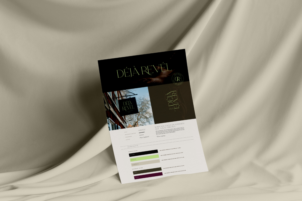 A flat-lay mockup of a custom brand guide designed by Unbridled Form, showcasing fonts, colors, and visual direction for a story-driven, intentional brand identity.
